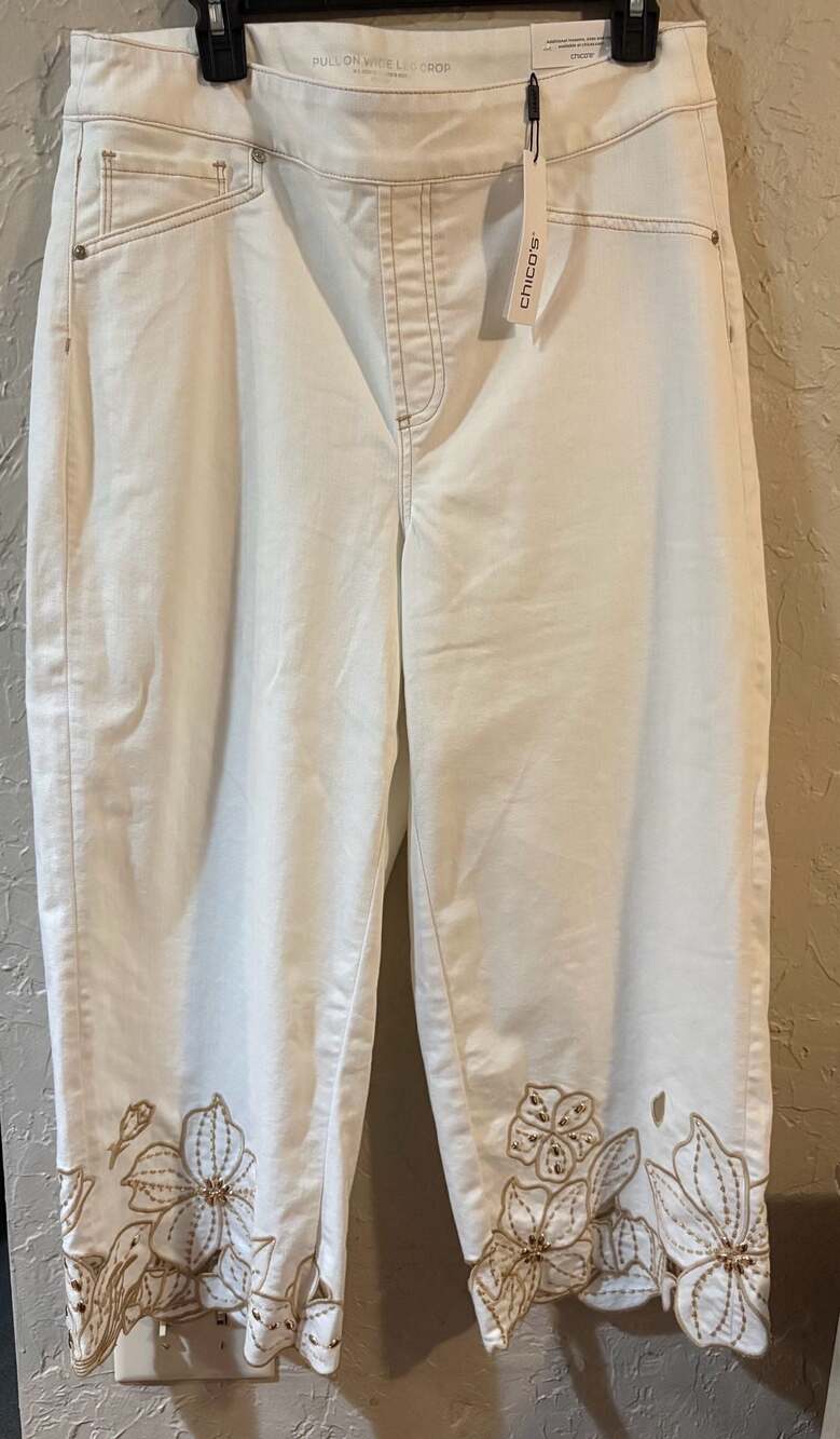 Chico's Floral Embroidered Pull On Wide Leg Crop Pants Alabaster Size 2 (US 12)
